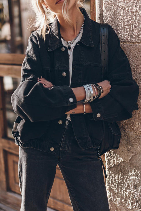 Metal Buttons Flap Pocket Drop Shoulder Denim Jacket